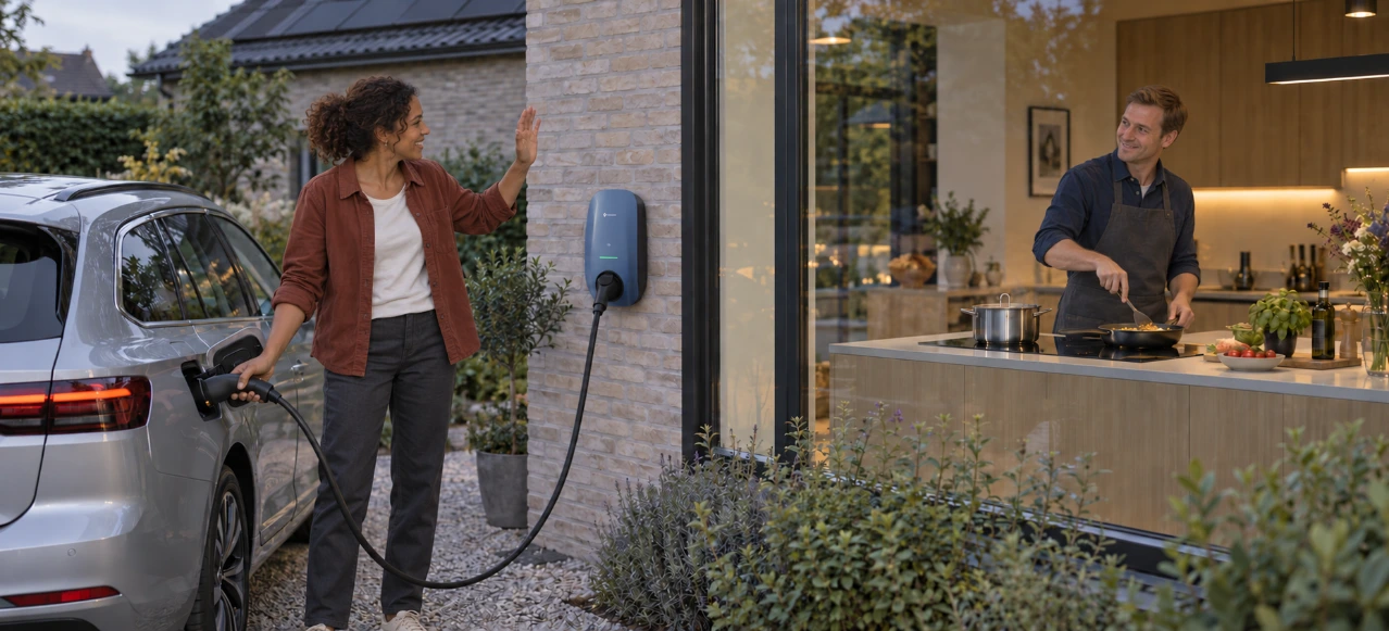 Illustratie van thuiskomen: een vrouw sluit de elektrische auto aan op een Solplanet Apollo-laadpaal en groet haar partner, die binnen op inductie kookt.